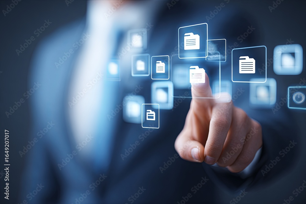 Poster man in suit interacting with digital file icons in modern business environment for data management c