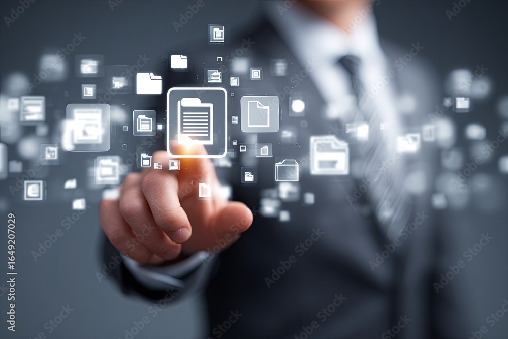 Fototapete man in suit interacting with digital file icons in modern business environment for data management c