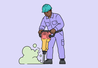Cartoon Construction Worker Using Jackhammer with Safety Helmet.