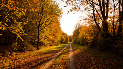 Obraz premium Herbstlicher Waldweg im Abendlicht