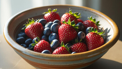 Vibrant fresh strawberries and juicy blueberries artfully arranged in a rustic ceramic bowl, bursting with natural goodness and summer flavor.