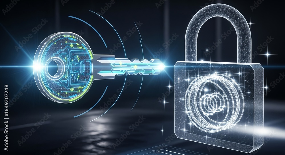 Poster digital key unlocking a padlock with glowing circuits representing cybersecurity and data protection