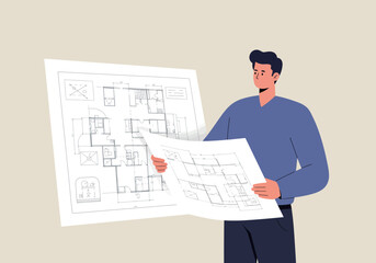 Architect Holding Detailed Blueprint Plans for a Building Design Project.