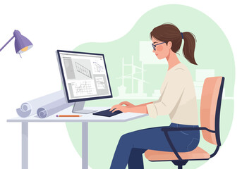 Woman with Glasses Working on Computer with Architectural Designs.