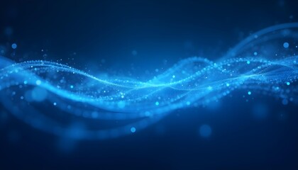 Abstract tech background with flowing lines and glowing dots in gradient blues, no metallic or chrome textures .