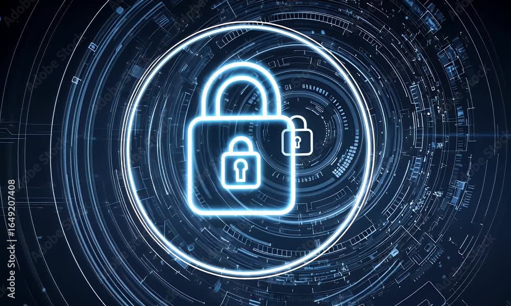 Poster a digital illustration of data security, with icons representing a lock screenshot and cybersecurity