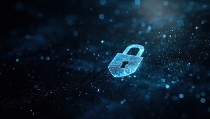 Digital lock icon, light blue, on dark background, particle effect