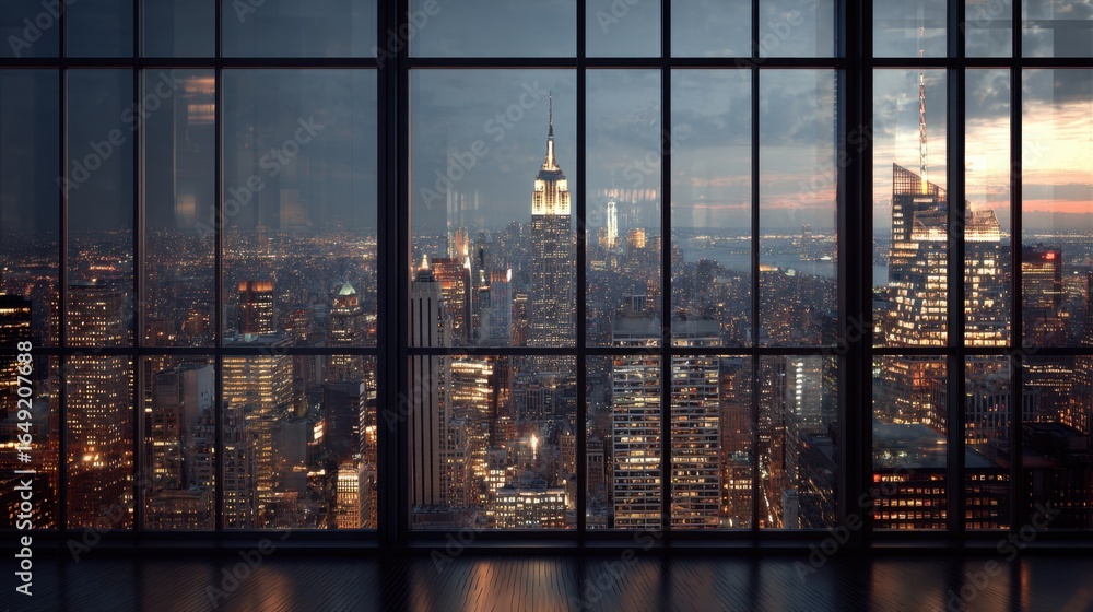 Poster a breathtaking view of a cityscape at dusk, showcasing the illuminated buildings and structures, cre