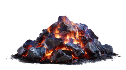 A dramatic pile of burning rocks emitting bright flames, showcasing the raw power of nature on a white background.