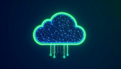 Abstract digital cloud icon with a futuristic neon glow and network connections representing online data and cloud computing.