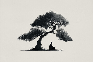 Minimalist sumi-e ink silhouette of a meditating person beneath a pine tree, symbolizing mindfulness, mental peace, and spiritual balance, Japanese brush painting in monochrome