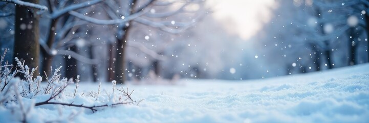 Dreamy, out-of-focus winter scene Soft, blurred snow falls on a frosted landscape, creating a magical, ethereal atmosphere Perfect for winter wonderland themes , frost, soft