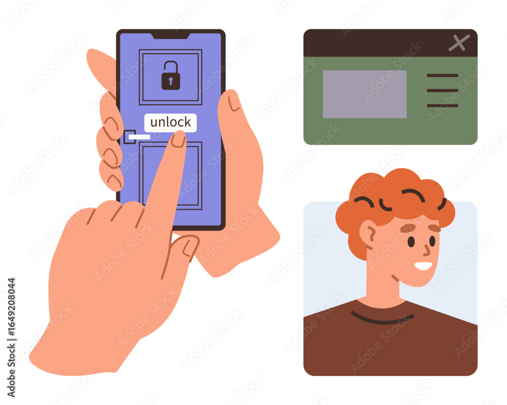 Poster hand unlocking smartphone displaying a lock, user profile, and browser window. ideal for user authen