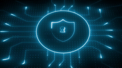 Blue Neon Shield Icon with Keyhole on Digital Circuit Board
