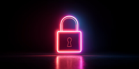 Pink and blue neon glowing padlock on black digital background
