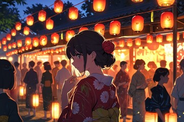 Obraz premium Vibrant anime summer festival, lanterns glowing, food stalls, yukata outfits, playful atmosphere