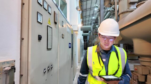 Gas insulated switchgear panel inspection inside power station with worker wearing helmet and reflective vest ensuring safe and efficient power system operation and maintenance