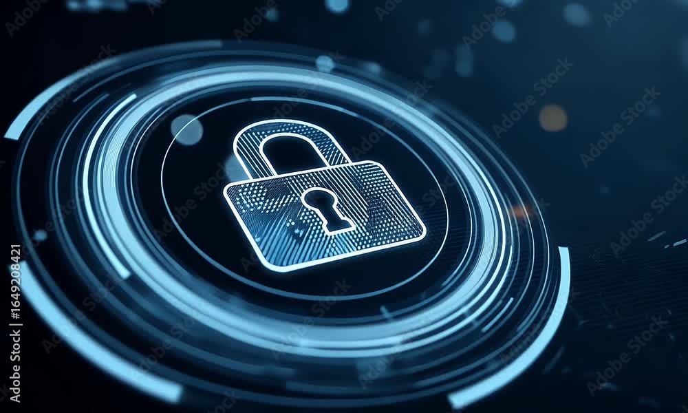 Poster a digital illustration of data security, with icons representing a lock screenshot and cybersecurity