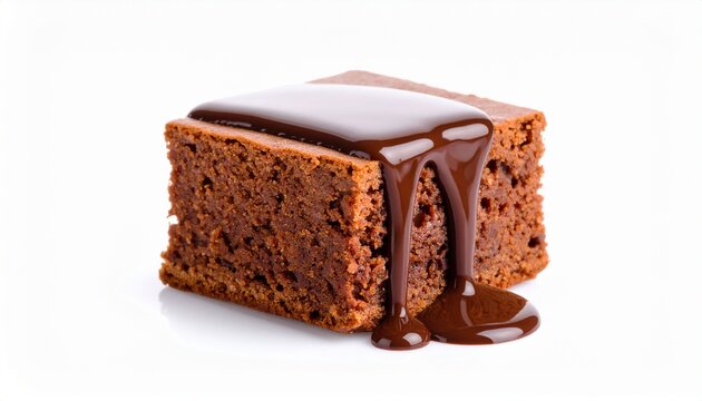 A decadent square chocolate fudge brownie with rich, glossy chocolate sauce dripping down the side, isolated on a white background.