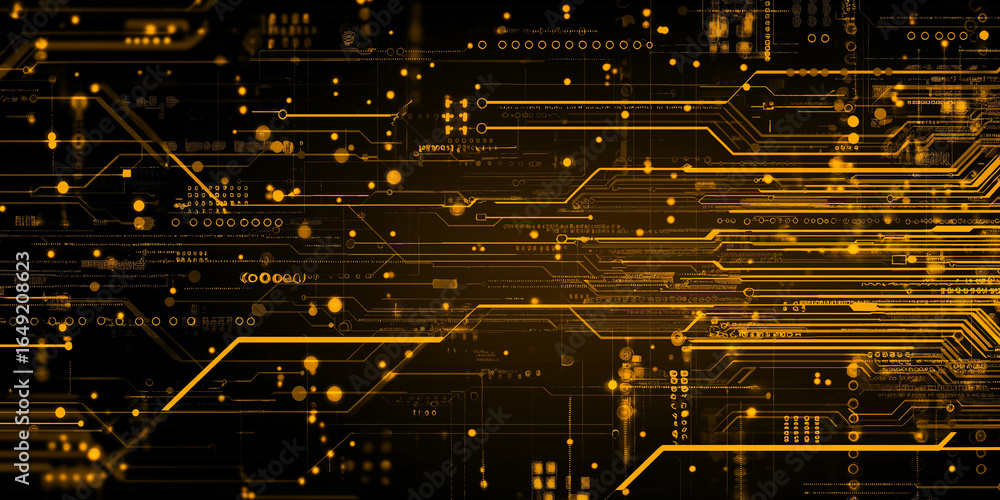 Poster golden glowing digital circuits on dark background with abstract technology lines