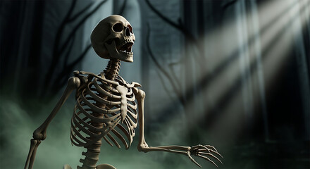 A skeleton stands in a dark forest with light shining through the trees creating a spooky scene vibe