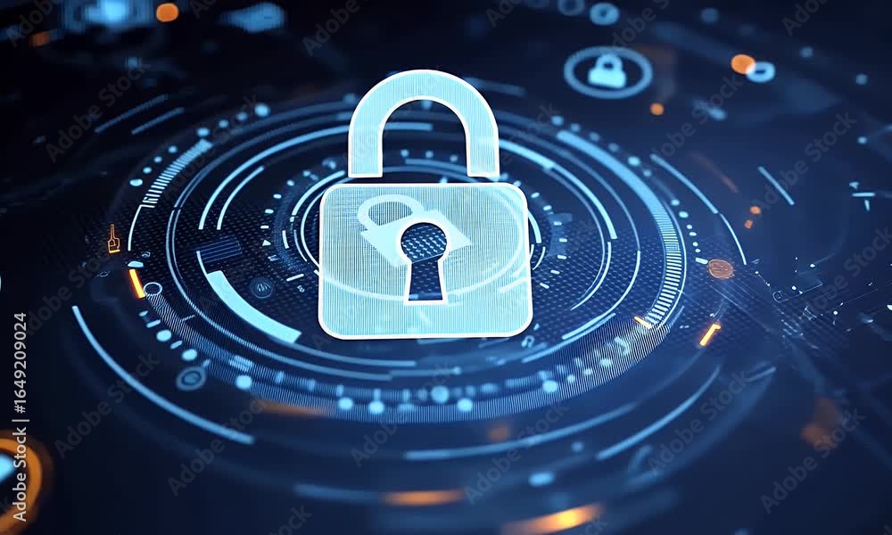 Poster a digital illustration of data security, with icons representing a lock screenshot and cybersecurity