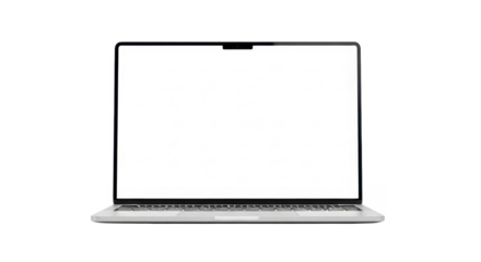 Front view of a silver laptop with a blank white screen, isolated on a white background.