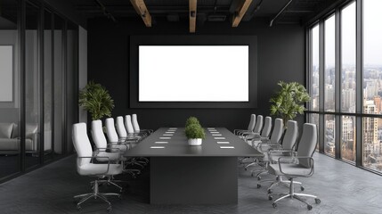 Modern conference room with a large blank screen and city view offers a sophisticated space for meetings and presentations.