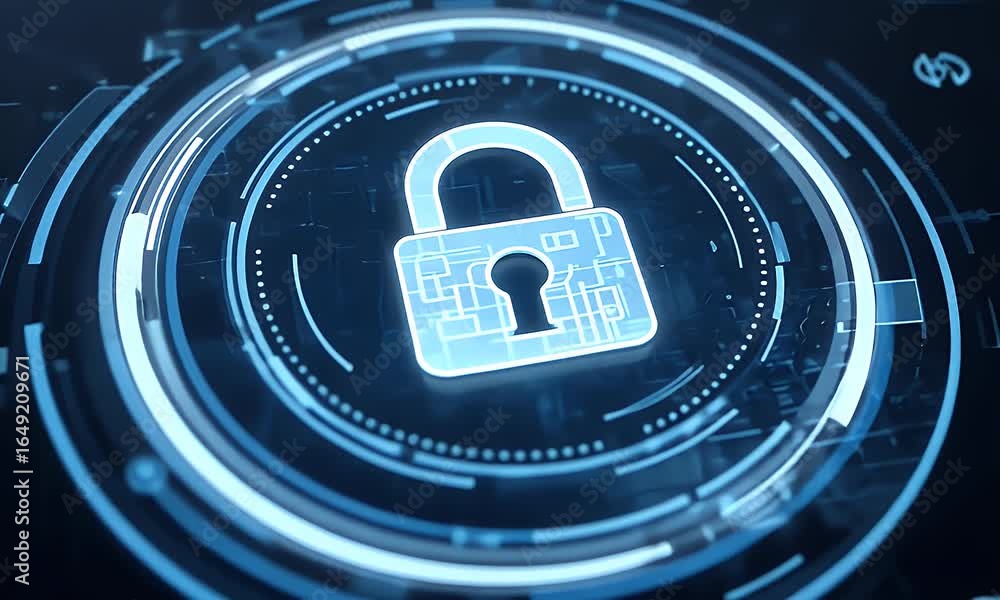 Poster a digital illustration of data security, with icons representing a lock screenshot and cybersecurity