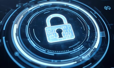 A digital illustration of data security, with icons representing a lock screenshot and cybersecurity elements weaving around a circle in blue on a dark background. - Powered by Adobe