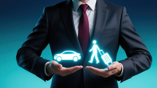 A businessman holding glowing icons of car and traveler with suitcase, symbolizing Travel Insurance, Secure travel, travel coverage