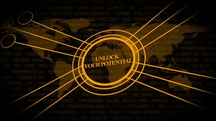 Digital World Map With Glowing Orange Circle And Unlock Your Potential Text global technology - Powered by Adobe