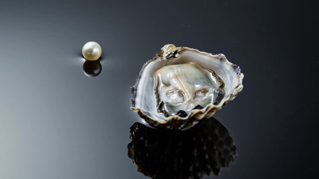 Open oyster shell with single pearl on reflective black background, symbolizing elegance and ocean luxury, with copy space