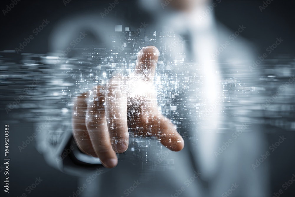Poster businessman using digital technology to interact with virtual interface in modern office environment
