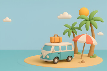 3D beach van with suitcase and palm trees
