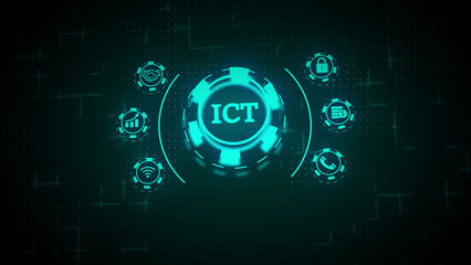 Fototapeta premium Cyan ICT certification icons with digital background