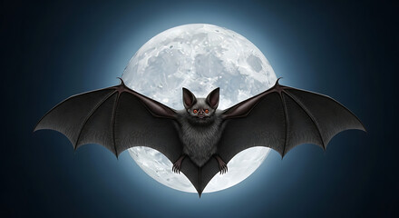 A bat with red eyes flying in front of a full moon with dark blue background and spread wings wide open