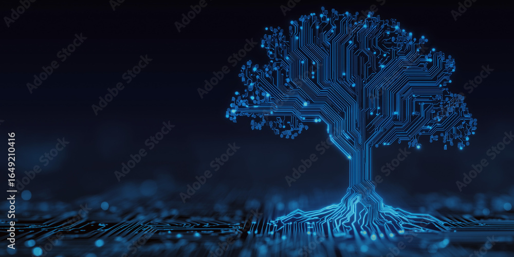 Poster blue glowing digital tree made of circuit patterns on futuristic background