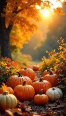 Naklejka premium Golden hour sunlight bathes a bountiful autumn harvest scene; pumpkins, gourds, corn stalks, and vibrant fall leaves create a picturesque display of seasonal abundance , decoration, agriculture