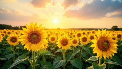 Fototapeta premium Golden hour sunlight bathes a vast field of sunflowers, creating a breathtaking scene of vibrant yellow and green Perfect for nature, summer, and agriculture themes , abundant, beautiful