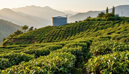 Harvesting tea leaves scenic hills nature photography sunrise panoramic view tranquil landscape