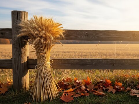 Rustic fence with tied wheat bundle in glowing autumn field under calm light