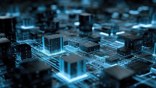 Abstract cityscape of interconnected, glowing cubes.  Complex circuit board