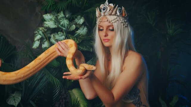 Nagga woman touches white milk Boa constrictor albino snake. Fantasy asp girl