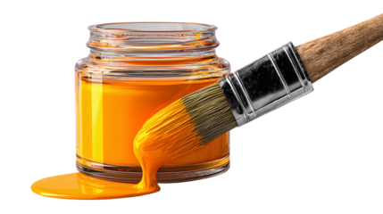 Bright Orange Paint Dripping from Brush onto Glass Jar