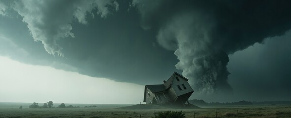 A dramatic scene unfolds as a massive tornado engulfs a lone house in a barren grassland, its dark, swirling plume rising ominously into the stormy sky