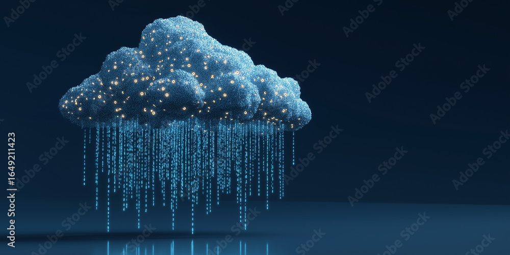 Poster glowing blue digital cloud raining binary code with light particles