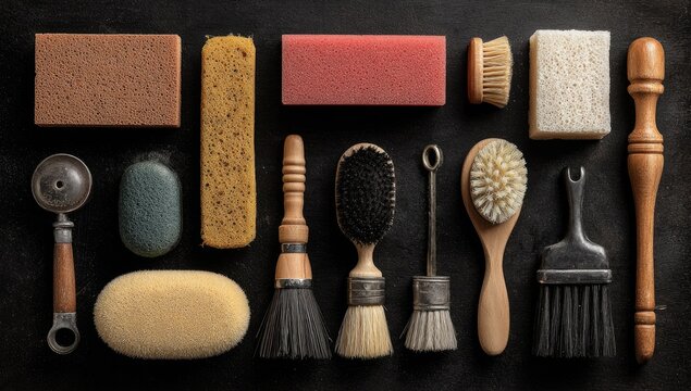 Assorted cleaning tools arranged in a grid on a dark surface.  Different types of brushes, sponges, and scrubbers in various colors and textures.  Natural wooden handles and metal parts