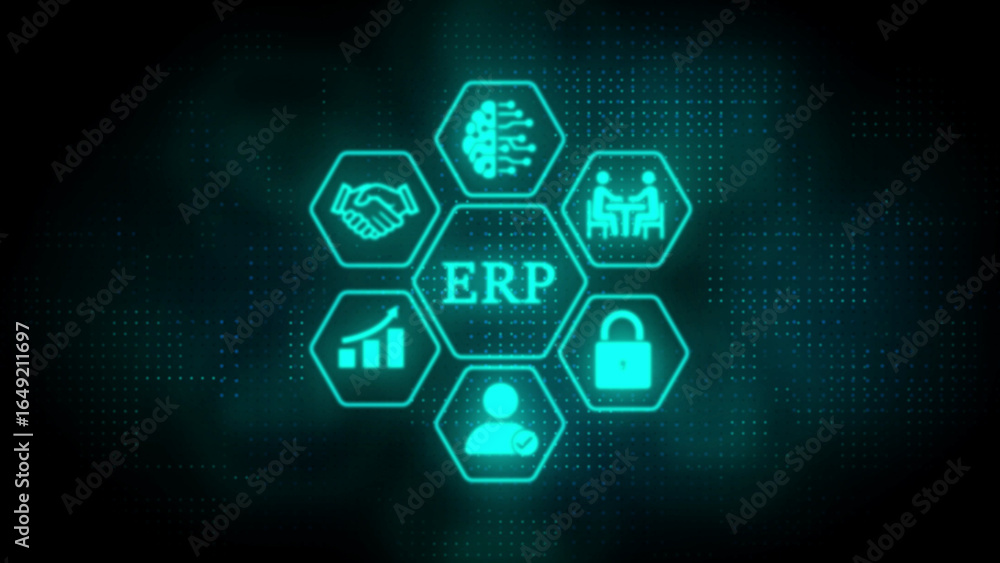Poster erp concept with interconnected hexagonal icons enterprise resource planning