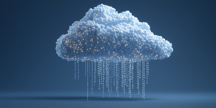 3d digital cloud with binary rain symbolizing cloud computing and data storage